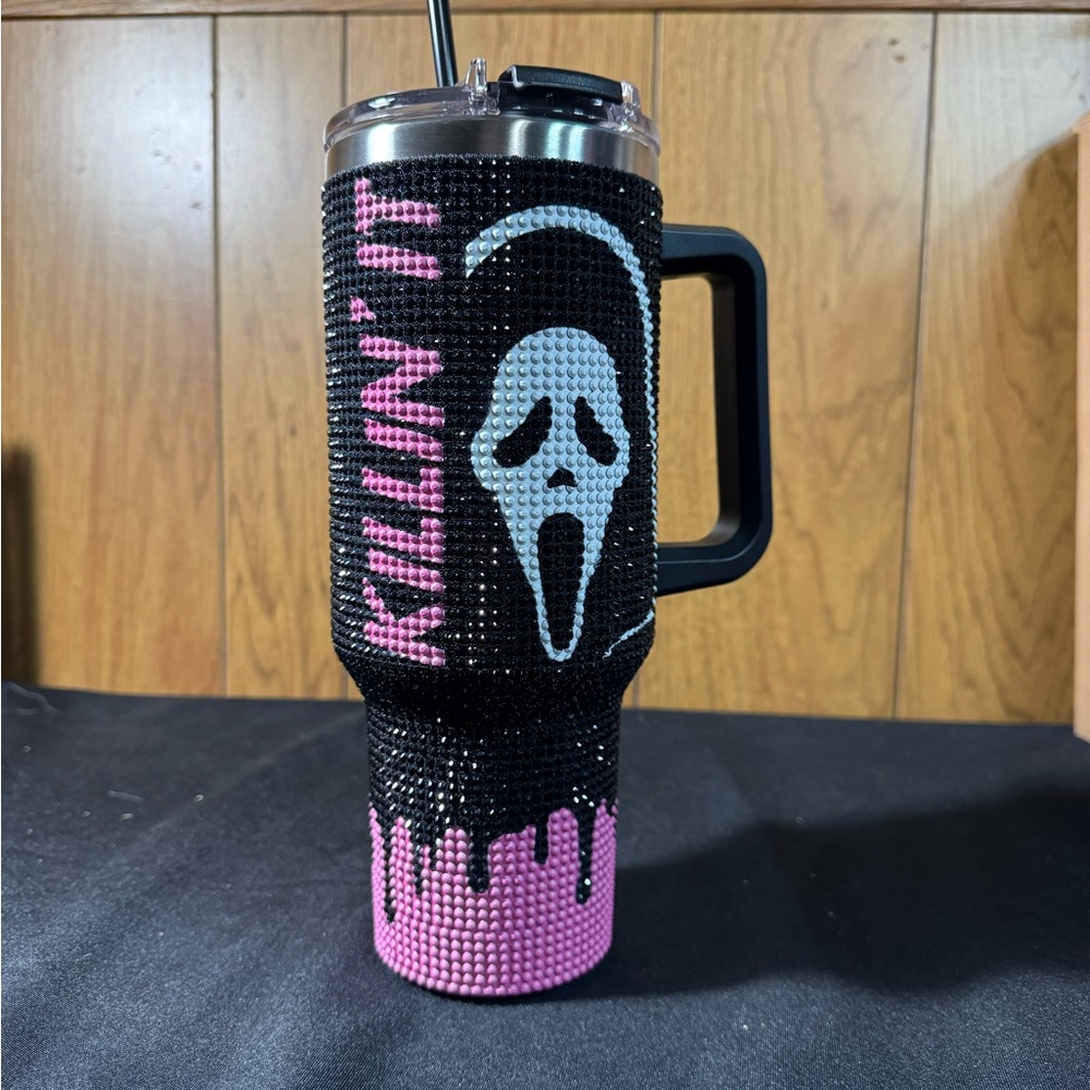 Black and Pink Rhinestone Tumbler with‎ Ghost Face Design
